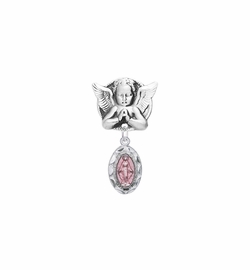 1 Inch Sterling Silver Oval Pink Enamel Baby Bar Pin with Guardian Angel Bar and Miraculous Medal