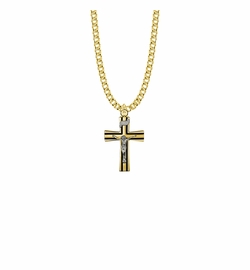 1 Inch Two-Tone 14KT Gold Plated Over Sterling Silver Black Enameled Crucifix Necklace