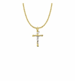 1 Inch Two-Tone 14KT Gold Plated Over Sterling Silver Wooden Log Crucifix Necklace