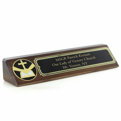 10-1/2 Inch Clergy Genuine Walnut Desk Block with Black Screened Brass Plate