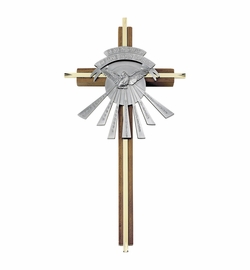 10 Inch Brass and Wood "Seven Gifts of the Holy Spirit" Centered Pewter Dove Wall Cross