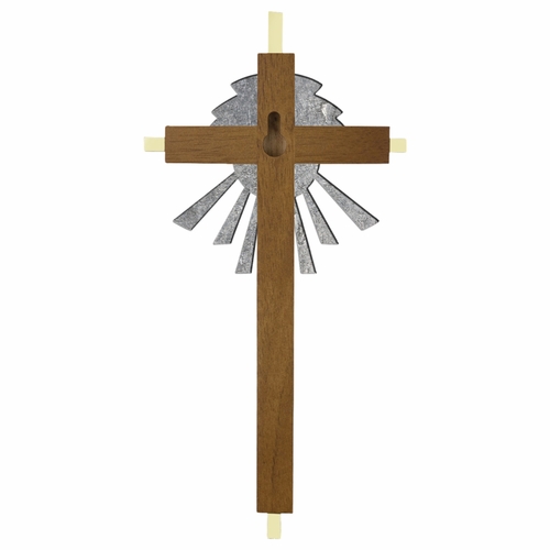 10 Inch Brass and Wood "Seven Gifts of the Holy Spirit" Centered Pewter Dove Wall Cross