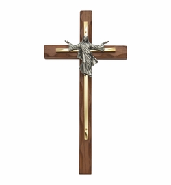 10 Inch Carved Walnut and Brass Crucifix with Pewter Risen Christ