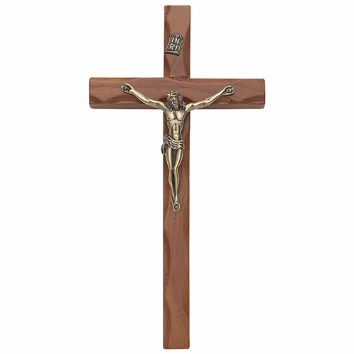 10 Inch Carved Wood Wall Crucifix with Antiqued Gold Pewter Corpus
