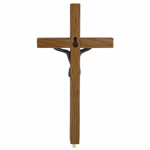 10 Inch Dark Oak Wood and Gold Plated Cross Wall Crucifix with Pewter Christ Corpus