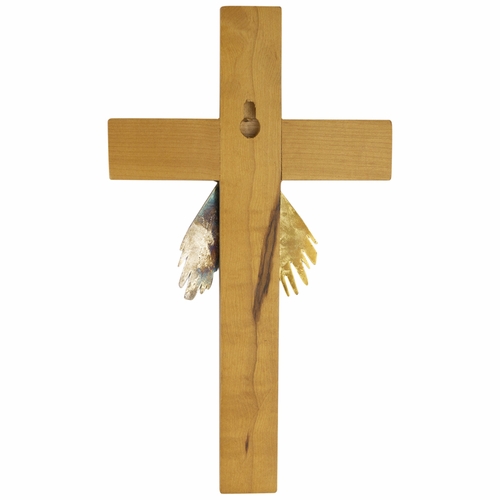 10 Inch Engraved "Jesus I Trust In You" Oak Wood Wall Crucifix with Gold Antiqued Pewter Risen Christ