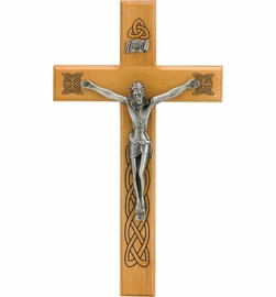 10 Inch Maplewood and Antiqued Pewter Celtic Holy Trinity Wall Crucifix