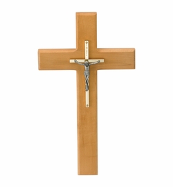 10 Inch Maplewood, Brass, and Pewter Wall Crucifix