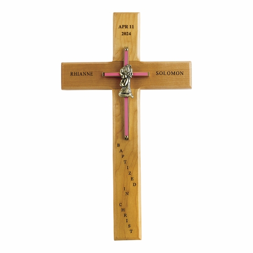 10 Inch Personalized Baptism Baby Girl Maple Wood and Brass Wall Cross