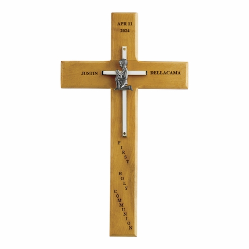 10 Inch Personalized First Communion Boy Maple Wood and Brass Wall Cross