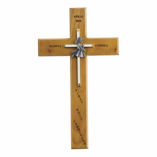 10 Inch Personalized First Communion Girl Maple Wood and Brass Wall Cross