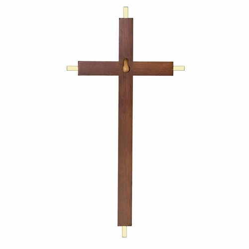 10 Inch Walnut and Brass Crucifix with Pewter Risen Christ