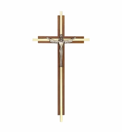 10 Inch Walnut and Brass Crucifix with Pewter Risen Christ