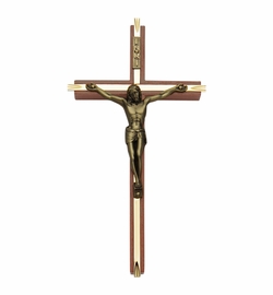 10 Inch Walnut and Brass Wall Crucifix with Antiqued Gold Pewter Corpus