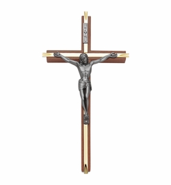 10 Inch Walnut and Brass Wall Crucifix with Antiqued Pewter Corpus