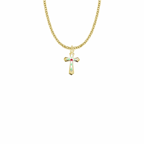 11/16 Inch 18KT Gold Plated Over Sterling Silver Enameled Rose and Pointed Ends Cross Necklace