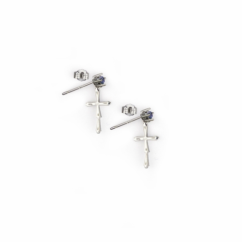 11/16 Inch Sterling Silver Sapphire CZ Stone Cross Earrings