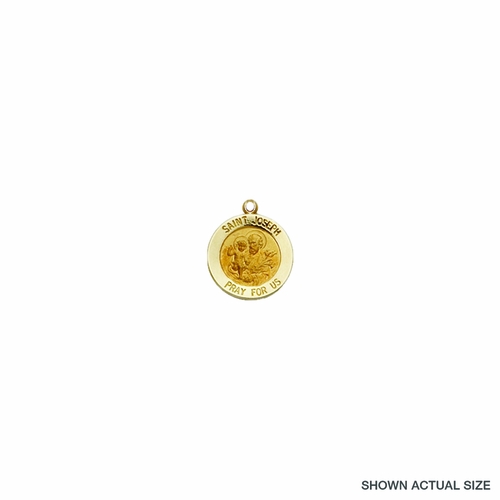 13/16 Inch 14KT Gold Round St. Joseph Medal, Patron Saint of Carpenters and Fathers