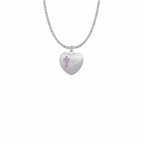 13/16 Inch Sterling Silver Grandma Pink CZ Stone Cross and Heart Medal