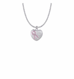 13/16 Inch Sterling Silver Hope Pink CZ Stone Ribbon and Heart Medal