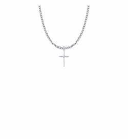 13/16 Inch Sterling Silver Pointed Ends Cross Necklace with Cubic Zirconia Stone