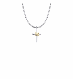 13/16 Inch Two-Tone Sterling Silver Dove on Cross Necklace