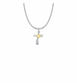 13/16 Inch Two-Tone Sterling Silver Dove on Ribbon Cross Necklace