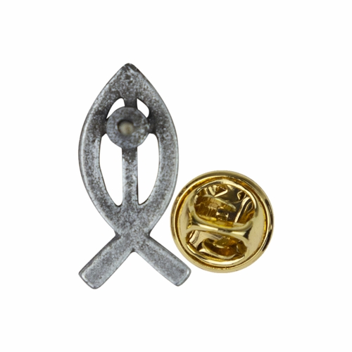 13/16 x 7/16 Inch Pewter Christian Ichthus Fish with Cross Lapel Pin