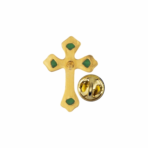 13/16 x 9/16 Inch Gold Emerald Cross Lapel Pin