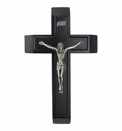 13 Inch Black Stained Wood Crucifix Sick Call Set with Pewter Corpus