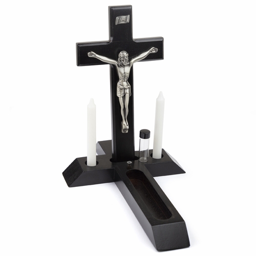 13 Inch Black Stained Wood Crucifix Sick Call Set with Pewter Corpus