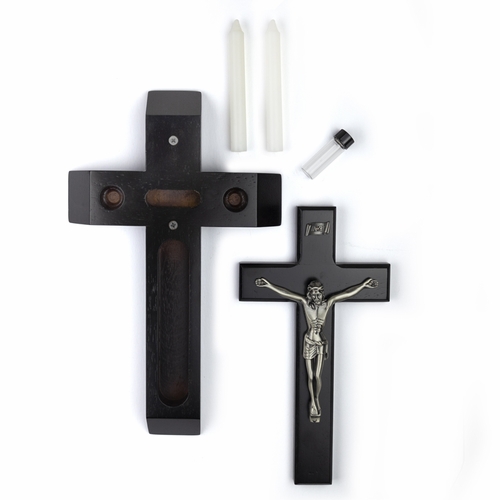 13 Inch Black Stained Wood Crucifix Sick Call Set with Pewter Corpus
