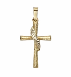 14KT Gold Cross Pendant in a Flared Design with Beaded Sash