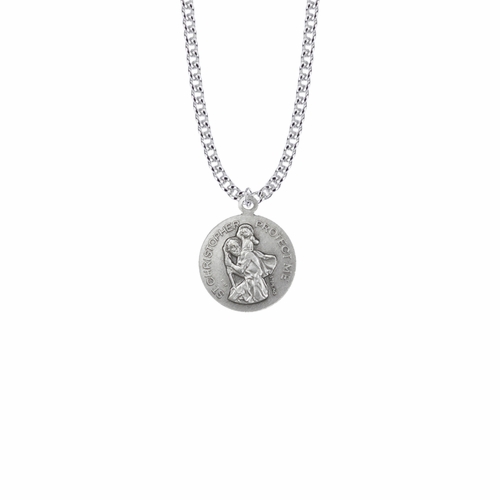 15/16 Inch Round Sterling Silver Boy's Ice Hockey Player Medal with St. Christopher on Back