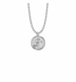 15/16 Inch Round Sterling Silver Boy's Snowboarder Medal with Cross on Back