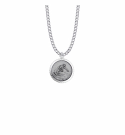 15/16 Inch Round Sterling Silver Boy's Snowboarding Medal with St. Christopher on Back