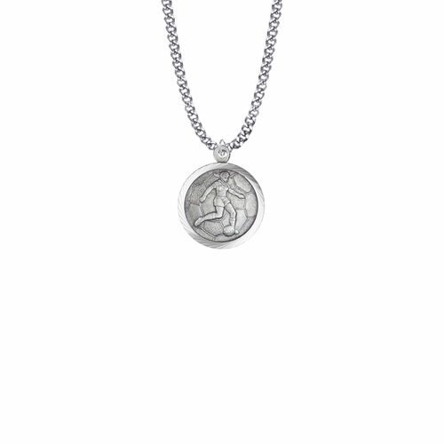 15/16 Inch Round Sterling Silver Girl's Soccer Player Medal with St. Christopher on Back