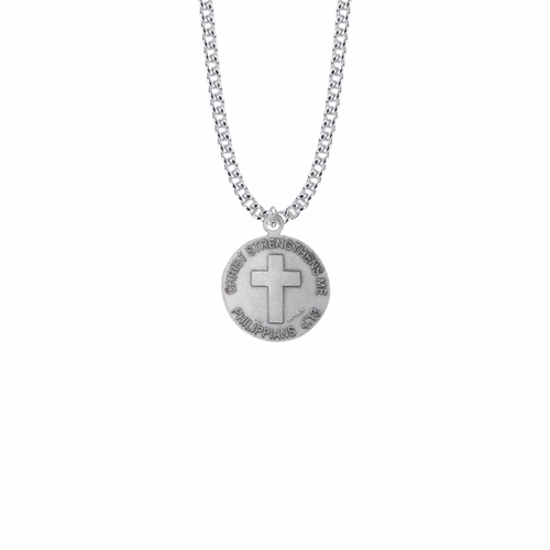15/16 Inch Round Sterling Silver U.S. Army Medal with Cross and Philippians 4:13 on the Back