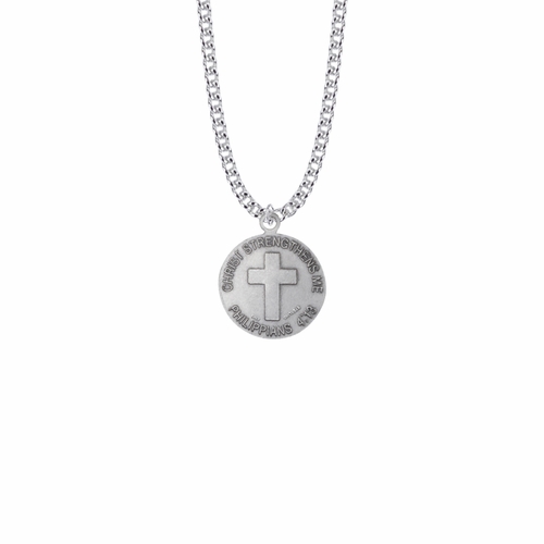 15/16 Inch Round Sterling Silver U.S. Marine Corps Medal with Cross and Philippians 4:13 on the Back