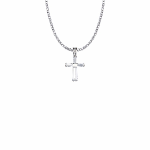 15/16 Inch Sterling Silver Crystal Cubic Zirconia Baguette Cross Necklace