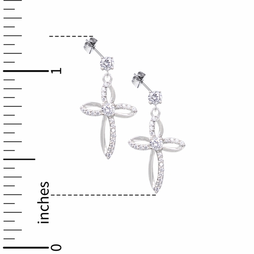 15/16 Inch Sterling Silver Flared Cross Earrings with Cubic Zirconia Stones