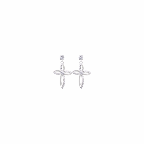 15/16 Inch Sterling Silver Flared Cross Earrings with Cubic Zirconia Stones