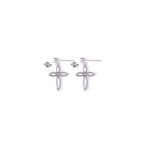 15/16 Inch Sterling Silver Flared Cross Earrings with Cubic Zirconia Stones