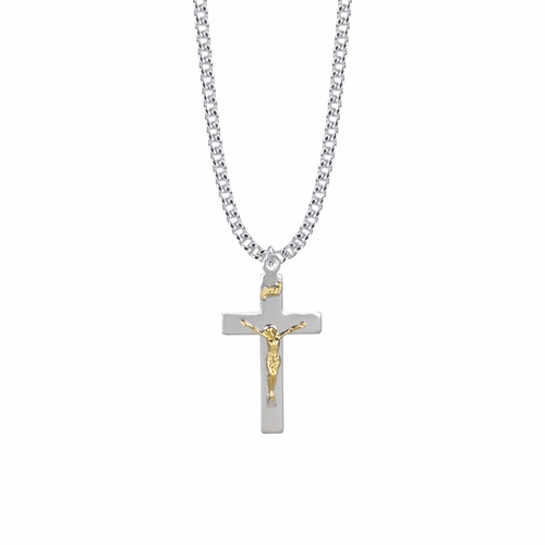 15/16 Inch Two-Tone Sterling Silver Polished Crucifix Necklace