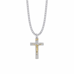 15/16 Inch Two-Tone Sterling Silver Polished Crucifix Necklace
