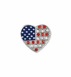 15/16 x 13/16 Inch Silver Heart with Glass Crystal Stones American Flag Lapel Pin