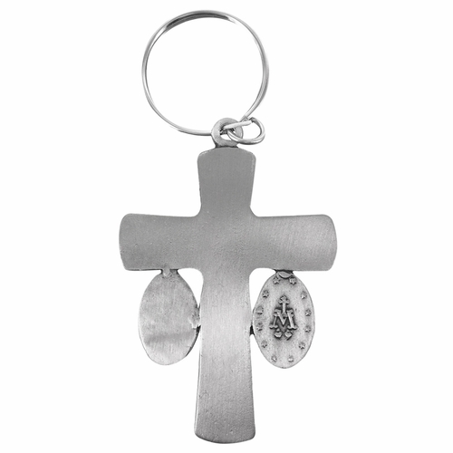 2-1/2 Inch Antique Fine Pewter holy Trinity Crucifix and Miraculous Key Chain