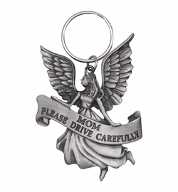 2-1/4 Inch Fine Pewter Angel with "Mom Please Drive Carefully" Key Chain