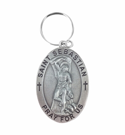 2-1/4 Inch Fine Pewter Oval St. Sebastian, Patron Saint of Athletes Key Chain