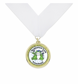 2-1/4 Inch Gold Medal Frame with 2 Inch "I Graduated From Pre-School" Mylar Insert On White Ribbon Boxed